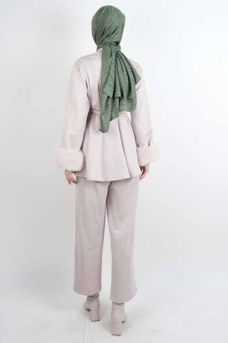 Tesettür Takım Kol Seyyar Kürklü Bel Kemerli Scuba İkili Takım Krem - 3