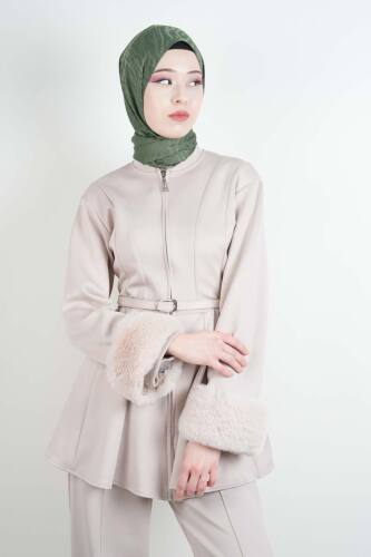 Tesettür Takım Kol Seyyar Kürklü Bel Kemerli Scuba İkili Takım Krem - 4