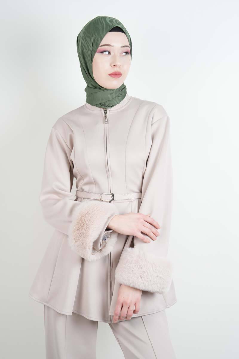 Tesettür Takım Kol Seyyar Kürklü Bel Kemerli Scuba İkili Takım Krem - 4