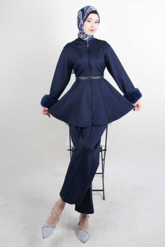 Tesettür Takım Kol Seyyar Kürklü Bel Kemerli Scuba İkili Takım Lacivert - 03Kız Kulesi Teks