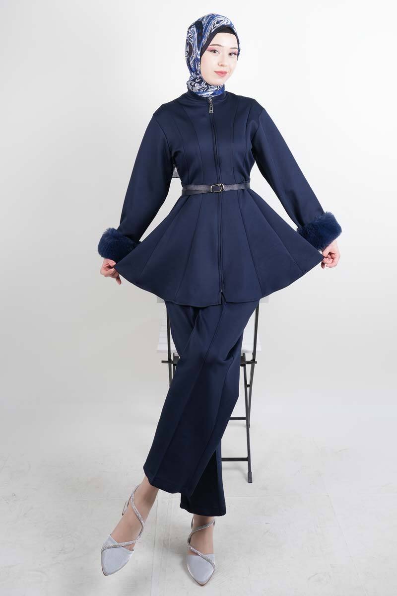 Tesettür Takım Kol Seyyar Kürklü Bel Kemerli Scuba İkili Takım Lacivert - 1