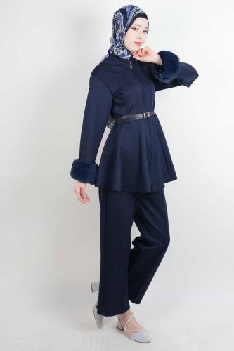 Tesettür Takım Kol Seyyar Kürklü Bel Kemerli Scuba İkili Takım Lacivert - 03Kız Kulesi Teks (1)