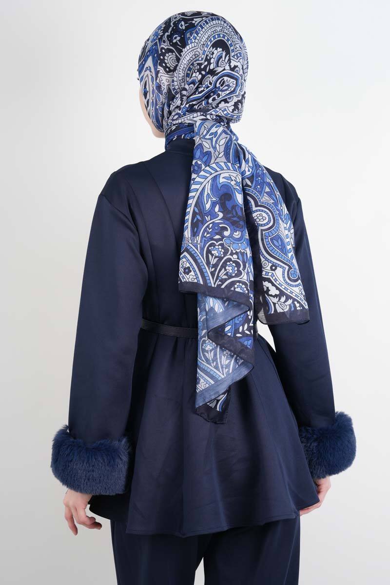 Tesettür Takım Kol Seyyar Kürklü Bel Kemerli Scuba İkili Takım Lacivert - 3