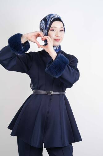 Tesettür Takım Kol Seyyar Kürklü Bel Kemerli Scuba İkili Takım Lacivert - 4