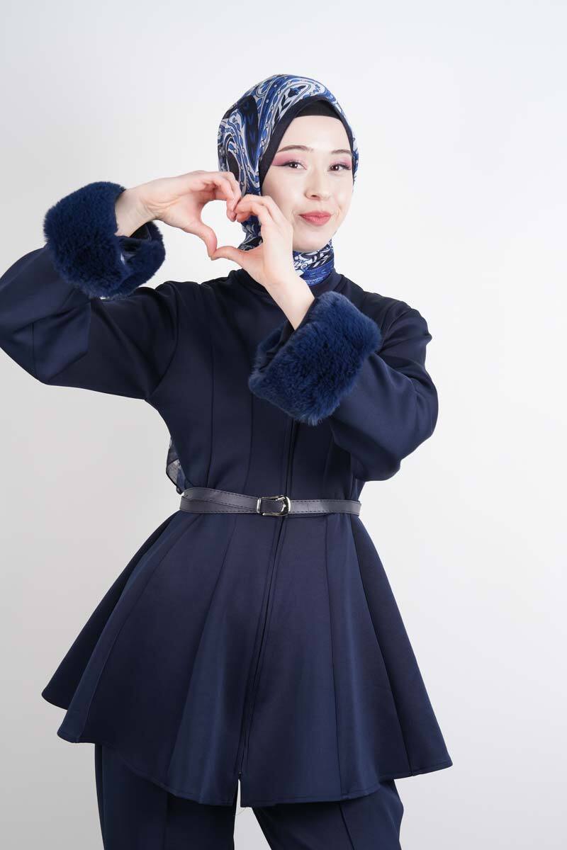 Tesettür Takım Kol Seyyar Kürklü Bel Kemerli Scuba İkili Takım Lacivert - 4