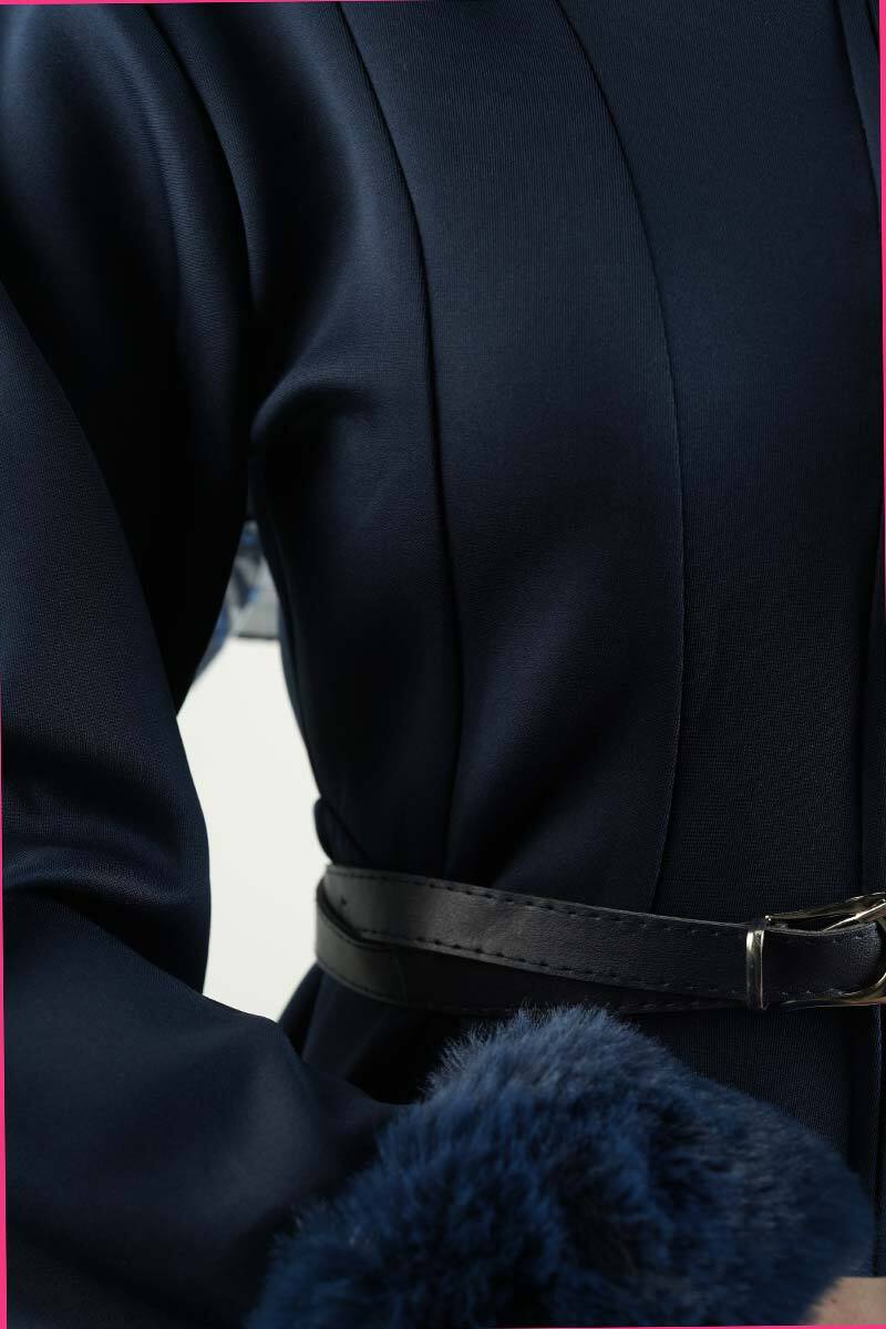 Tesettür Takım Kol Seyyar Kürklü Bel Kemerli Scuba İkili Takım Lacivert - 5