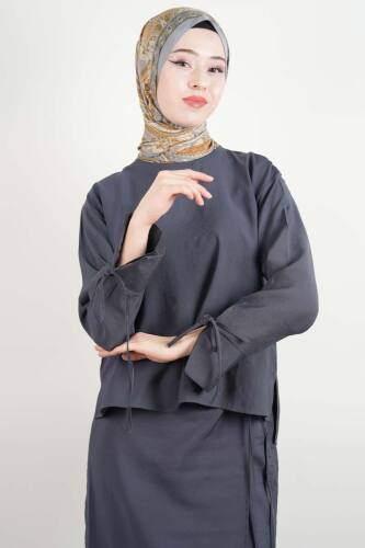 Tesettür Takım Modal Etek Çapraz Bağlamalı 2 li Takım İndigo - 2