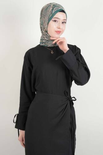 Tesettür Takım Modal Etek Çapraz Bağlamalı 2 li Takım Siyah - 2