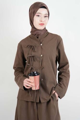 Tesettür Takım Ön Bağcık Detaylı Keten Bol Paçalı 2'li Takım Kahverengi - 2