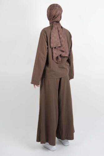 Tesettür Takım Ön Bağcık Detaylı Keten Bol Paçalı 2'li Takım Kahverengi - 4