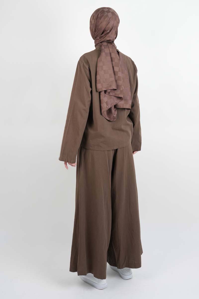 Tesettür Takım Ön Bağcık Detaylı Keten Bol Paçalı 2'li Takım Kahverengi - 4