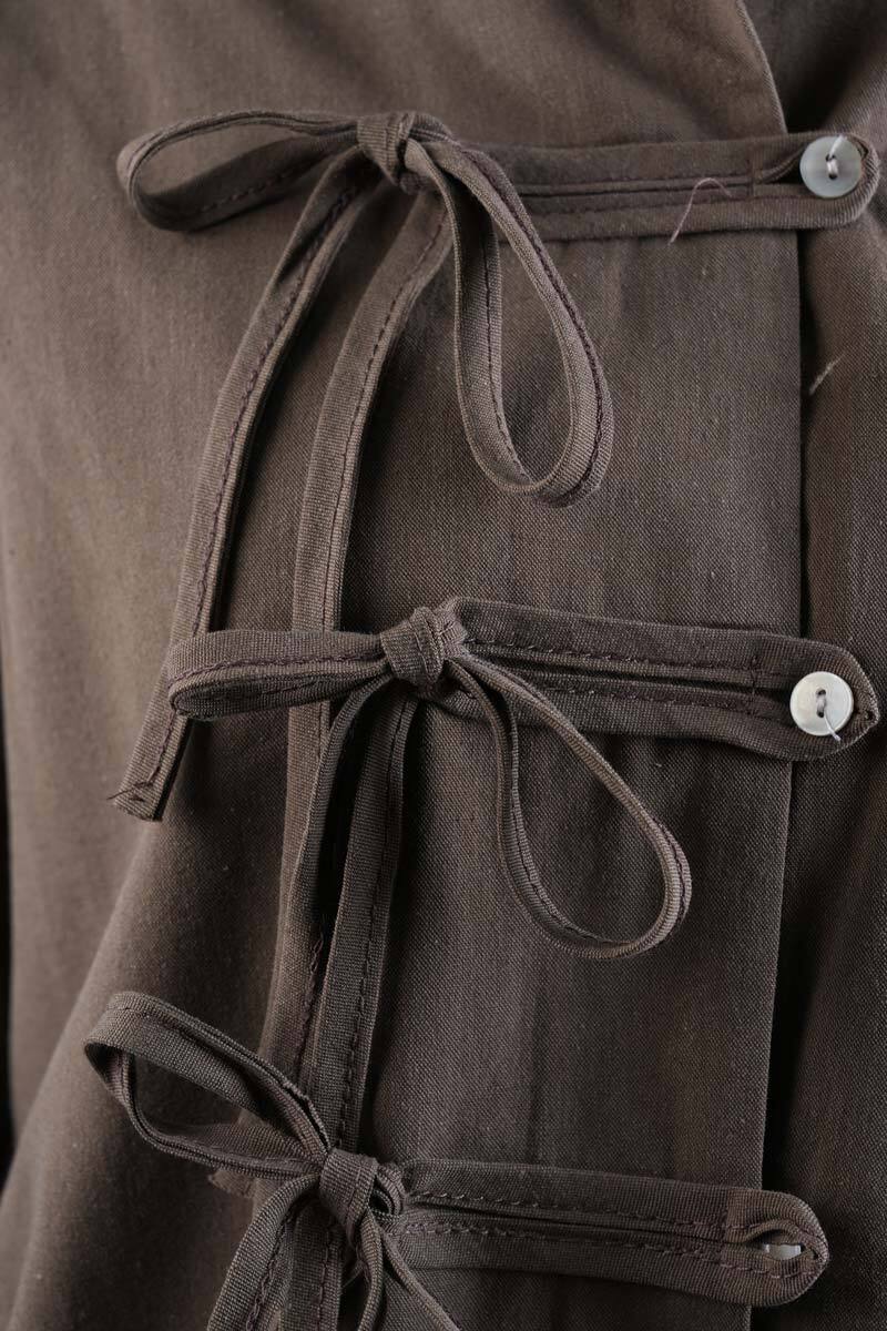 Tesettür Takım Ön Bağcık Detaylı Keten Bol Paçalı 2'li Takım Kahverengi - 5