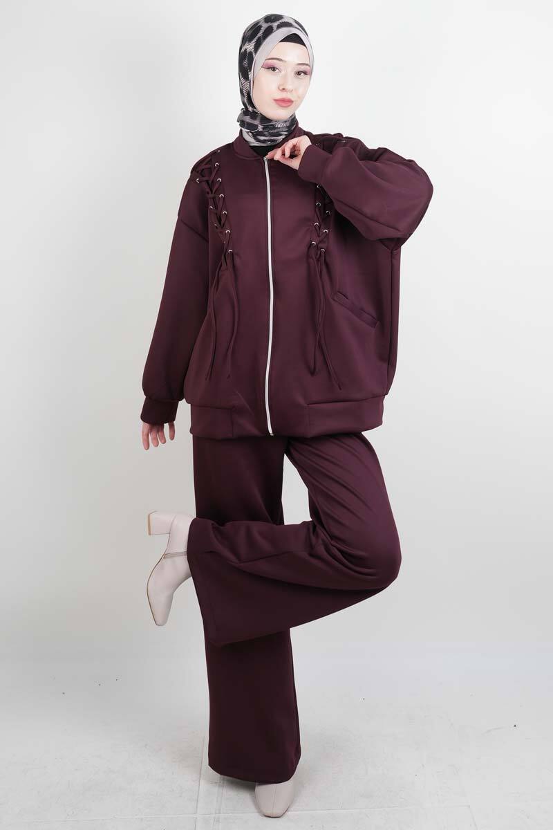 Tesettür Takım Ön Çapraz Bağcıklı Scuba İkili Takım Bordo - 1