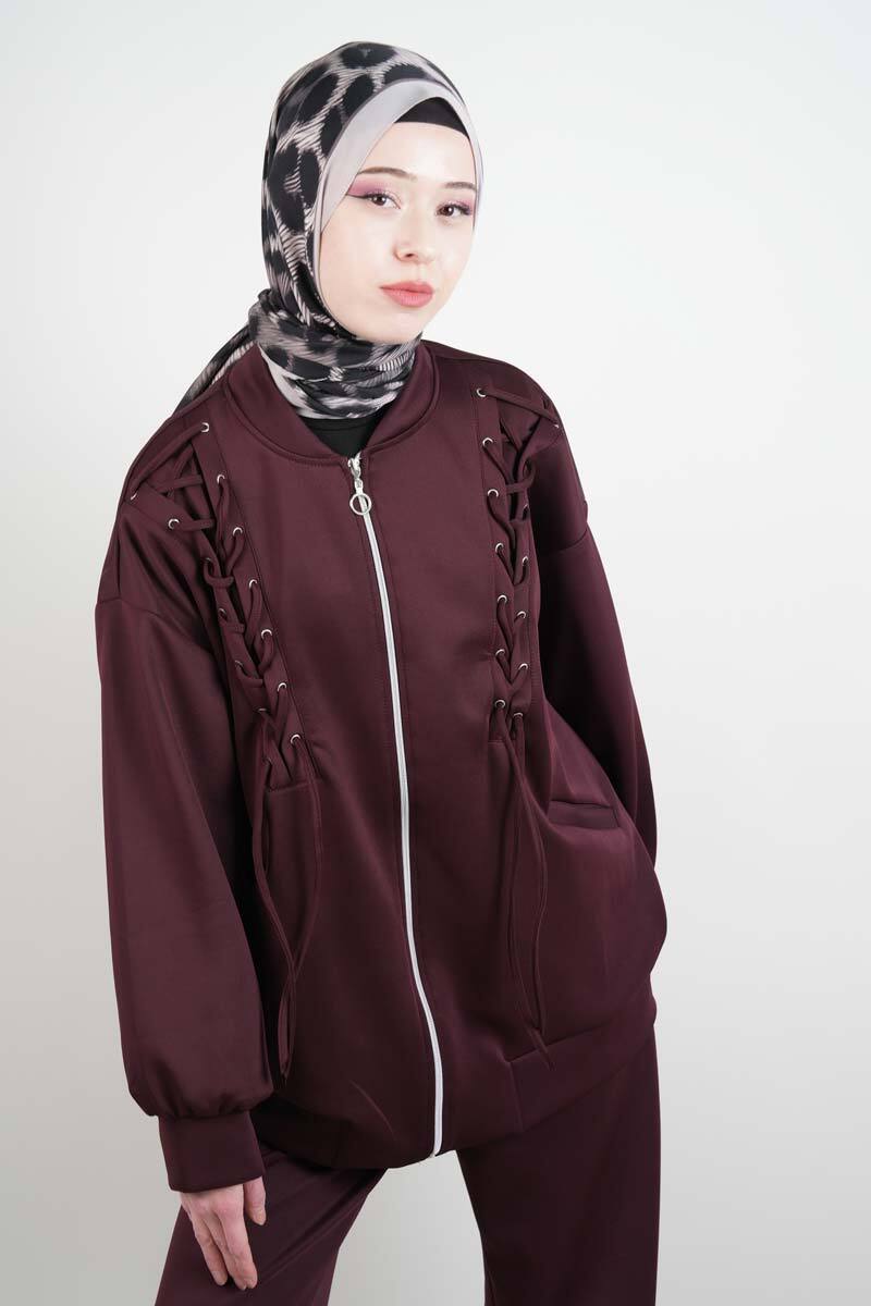 Tesettür Takım Ön Çapraz Bağcıklı Scuba İkili Takım Bordo - 2