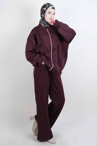 Tesettür Takım Ön Çapraz Bağcıklı Scuba İkili Takım Bordo - 3