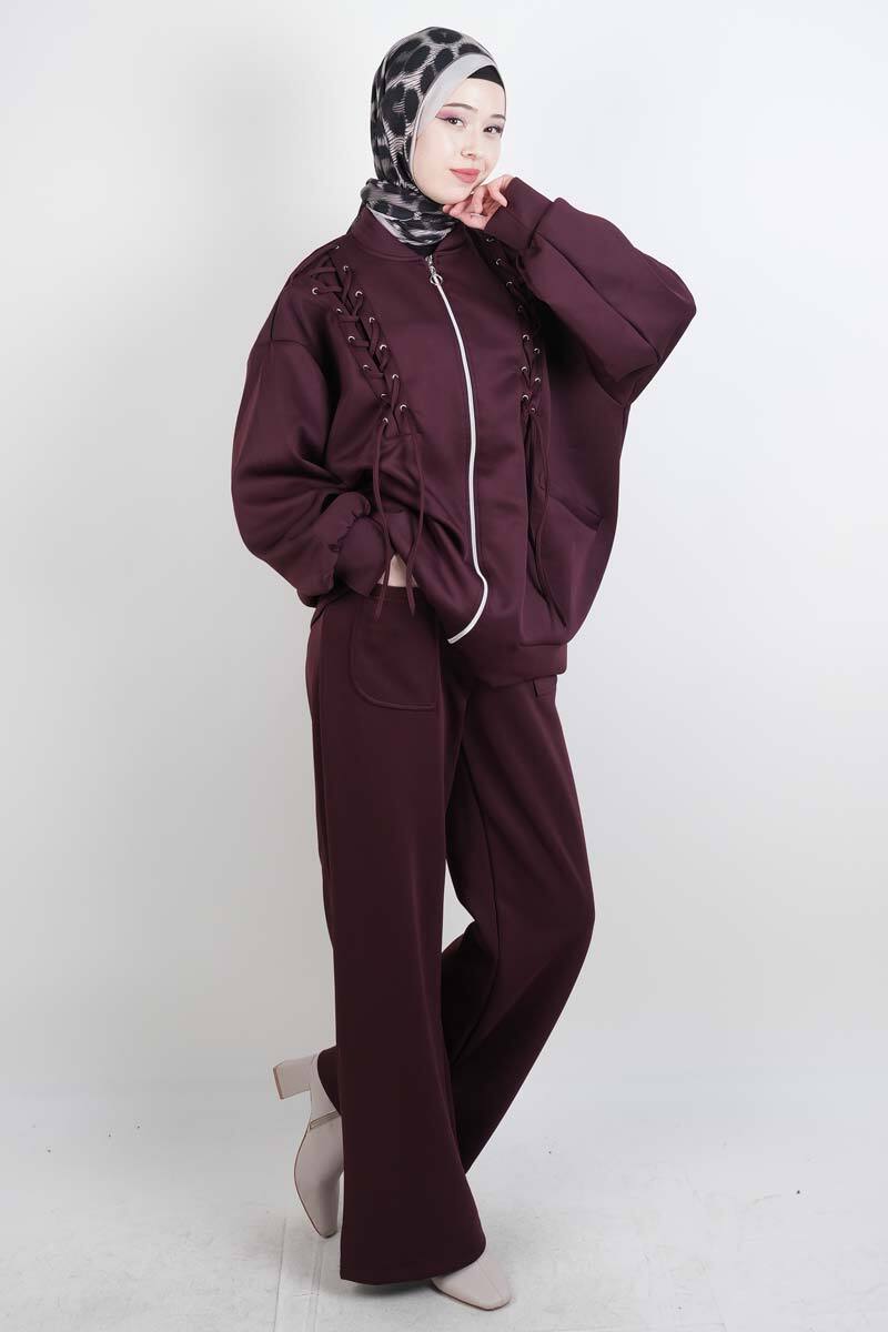 Tesettür Takım Ön Çapraz Bağcıklı Scuba İkili Takım Bordo - 3