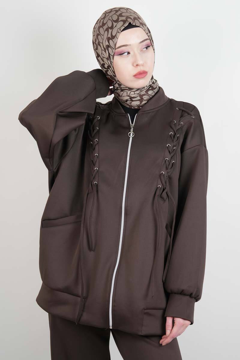 Tesettür Takım Ön Çapraz Bağcıklı Scuba İkili Takım Kahverengi - 4