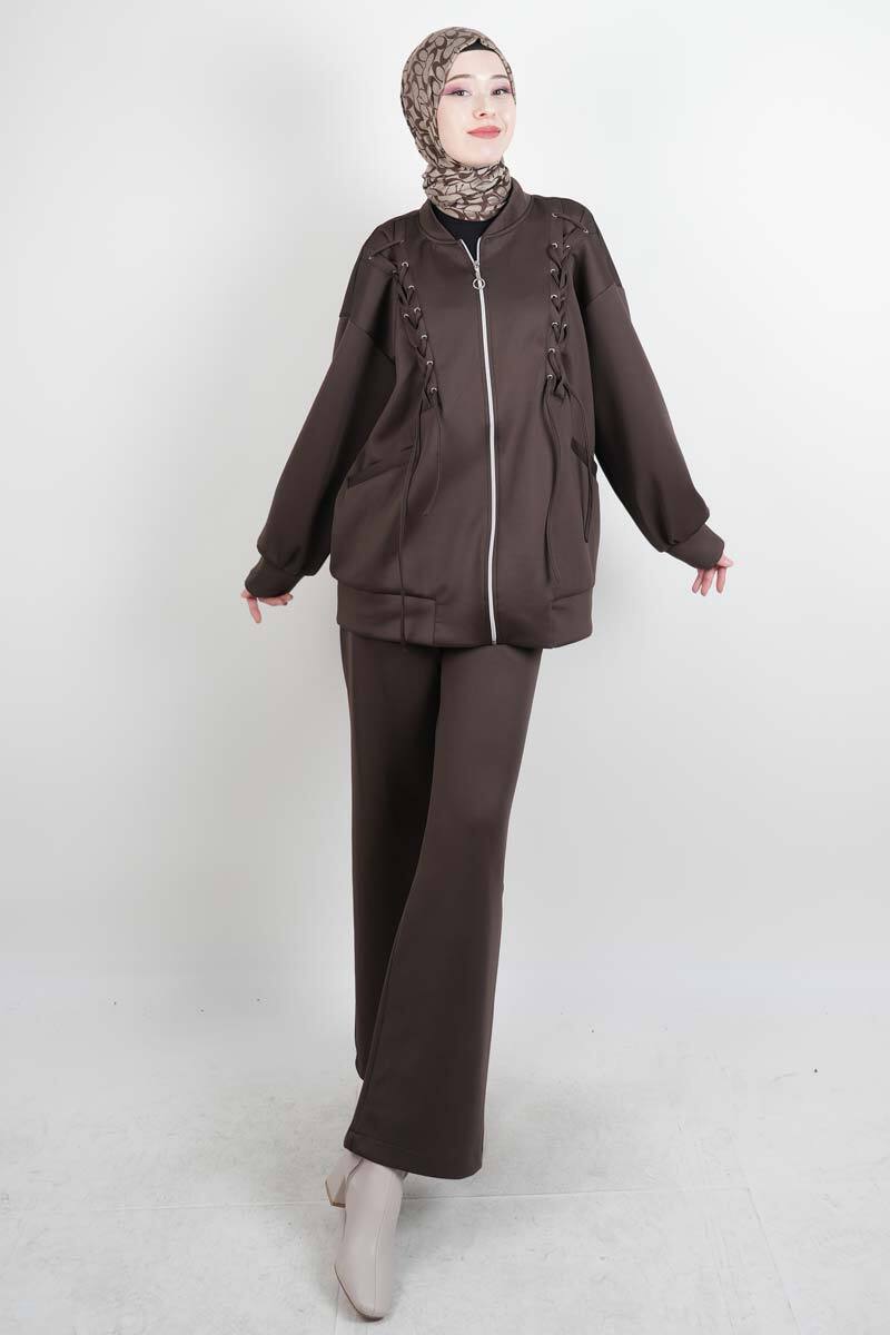 Tesettür Takım Ön Çapraz Bağcıklı Scuba İkili Takım Kahverengi - 1