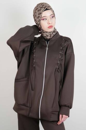 Tesettür Takım Ön Çapraz Bağcıklı Scuba İkili Takım Kahverengi - 4