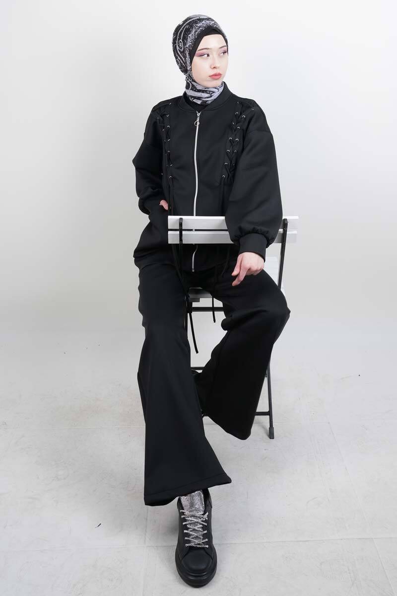 Tesettür Takım Ön Çapraz Bağcıklı Scuba İkili Takım Siyah - 1
