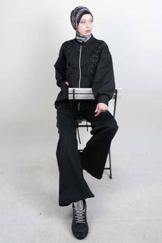 Tesettür Takım Ön Çapraz Bağcıklı Scuba İkili Takım Siyah 