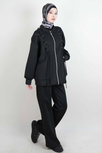 Tesettür Takım Ön Çapraz Bağcıklı Scuba İkili Takım Siyah - 2