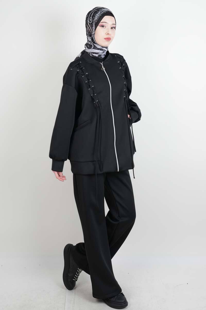 Tesettür Takım Ön Çapraz Bağcıklı Scuba İkili Takım Siyah - 2