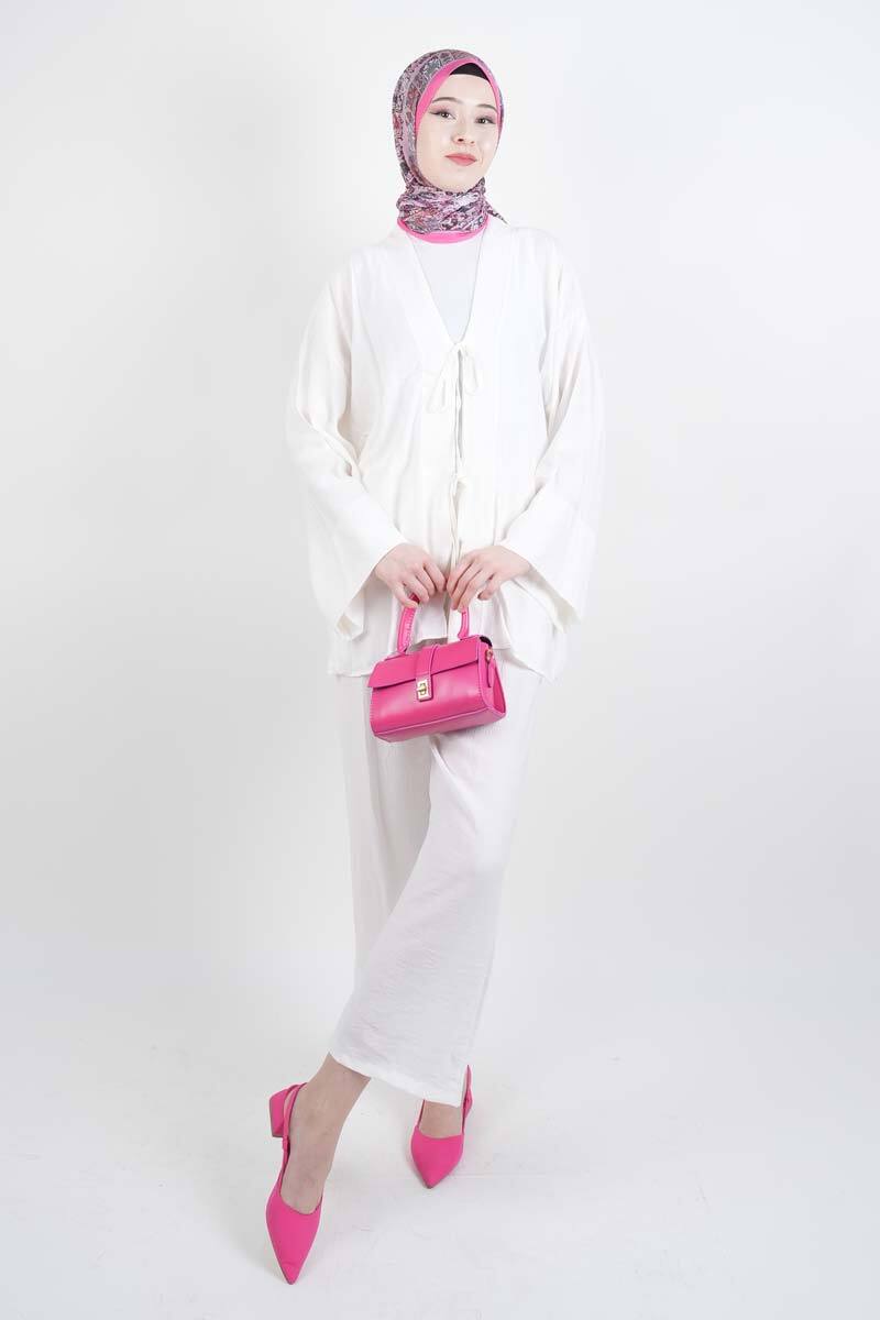 Tesettür Takım Önden 2 Bağlamalı Çilek 2'li Takım Beyaz - 1
