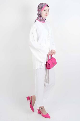 Tesettür Takım Önden 2 Bağlamalı Çilek 2'li Takım Beyaz - 2
