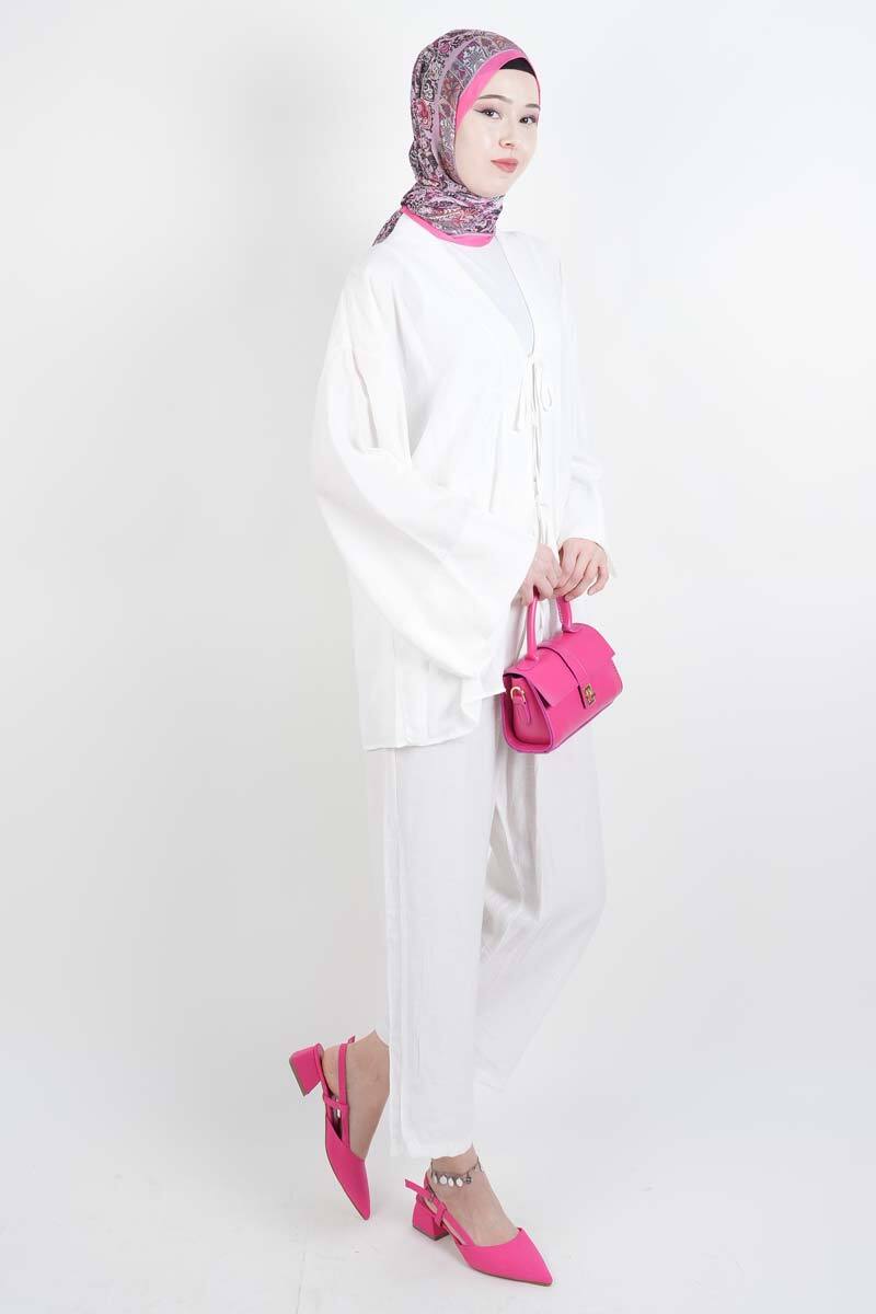 Tesettür Takım Önden 2 Bağlamalı Çilek 2'li Takım Beyaz - 2
