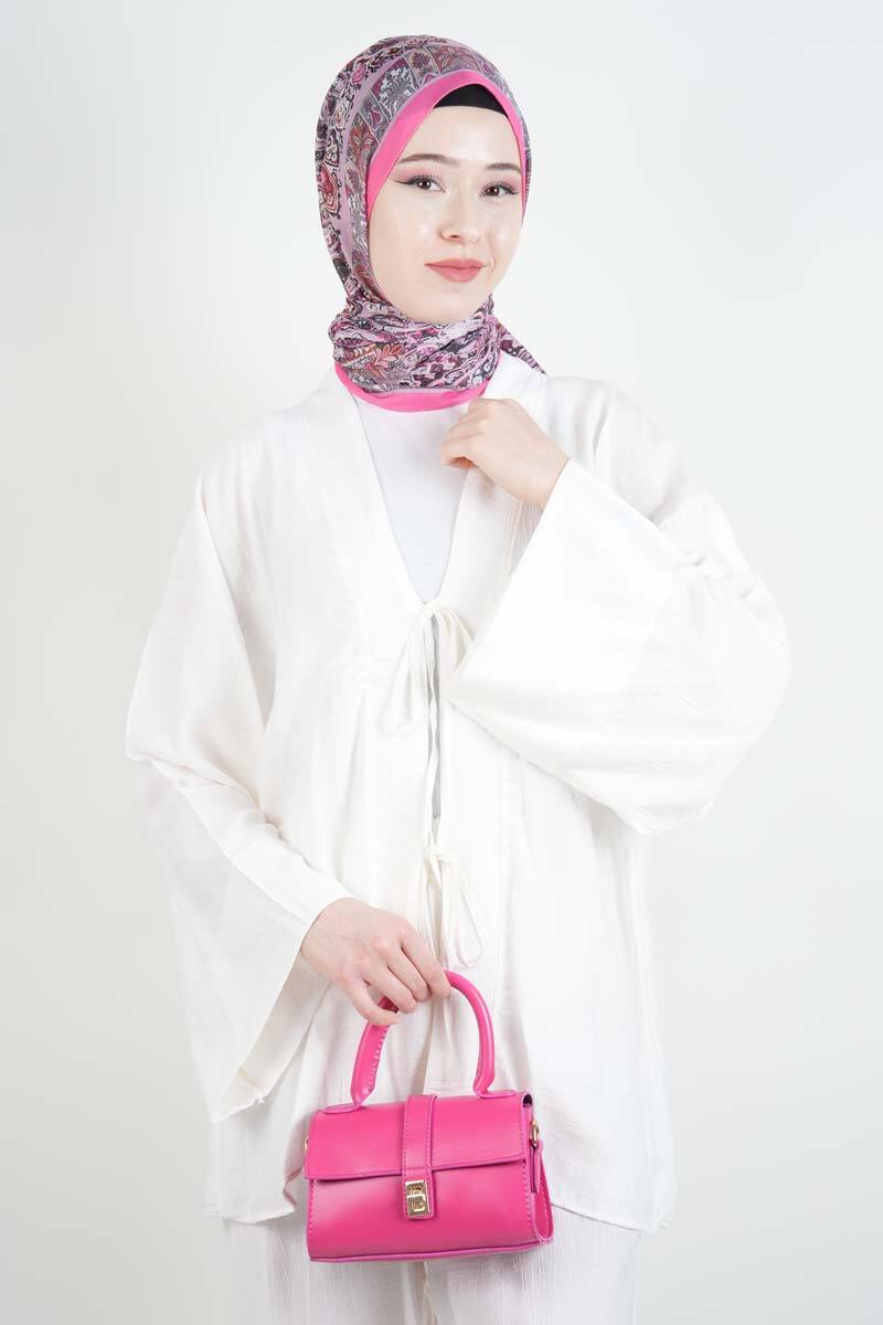 Tesettür Takım Önden 2 Bağlamalı Çilek 2'li Takım Beyaz - 4