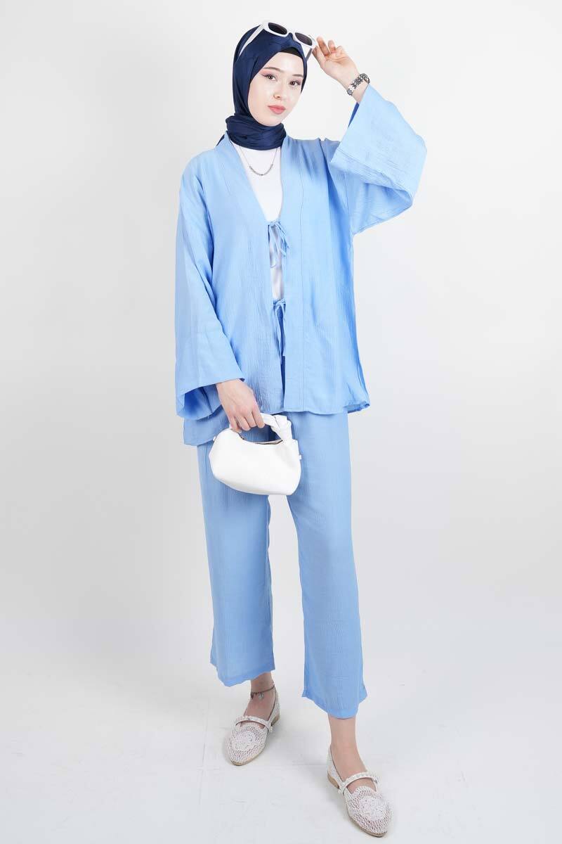 Tesettür Takım Önden 2 Bağlamalı Çilek 2'li Takım Mavi - 1