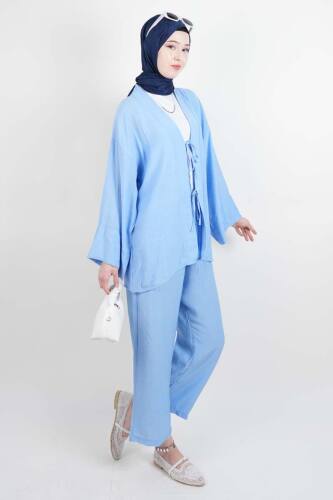 Tesettür Takım Önden 2 Bağlamalı Çilek 2'li Takım Mavi - 2