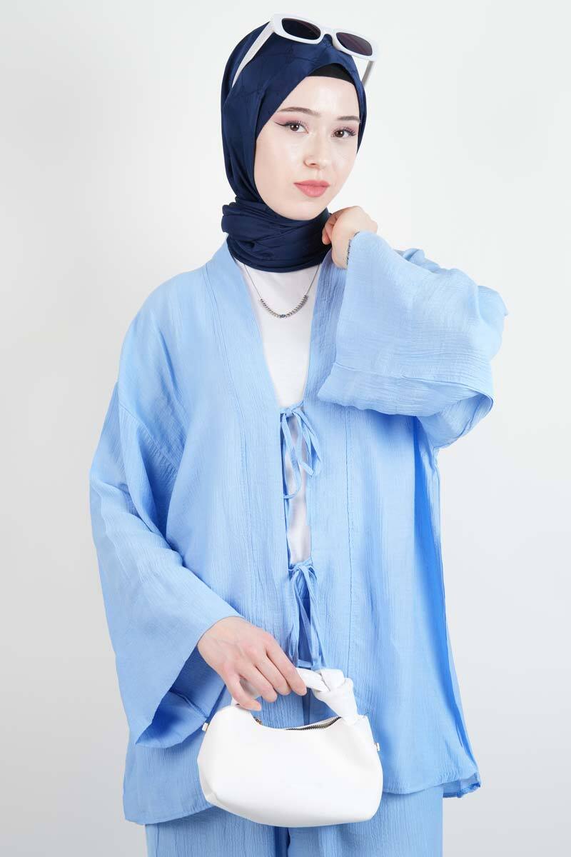 Tesettür Takım Önden 2 Bağlamalı Çilek 2'li Takım Mavi - 4