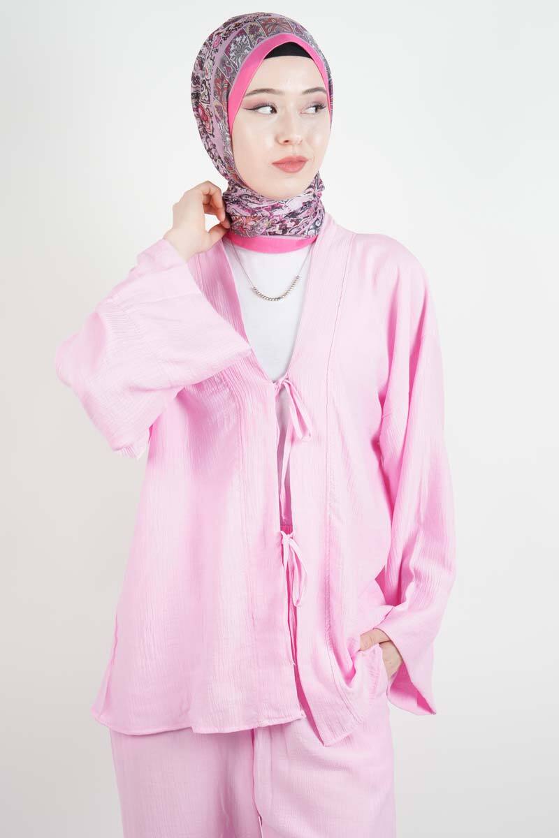 Tesettür Takım Önden 2 Bağlamalı Çilek 2'li Takım Pembe - 4