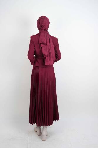 Tesettür Takım Piliseli Etekli Blazer İkili Takım Bordo - 4