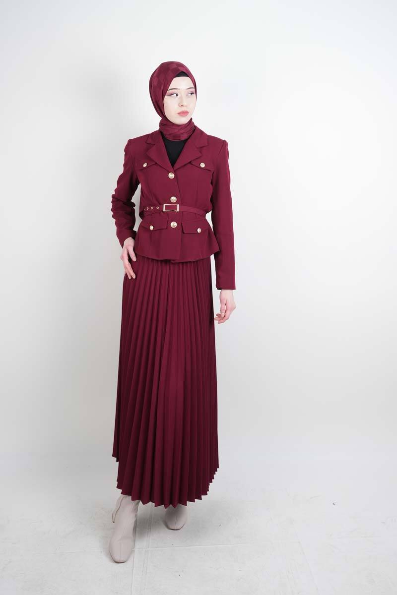 Tesettür Takım Piliseli Etekli Blazer İkili Takım Bordo - 1