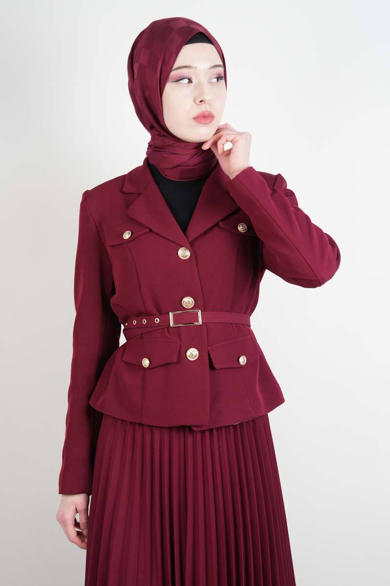 Tesettür Takım Piliseli Etekli Blazer İkili Takım Bordo - 3