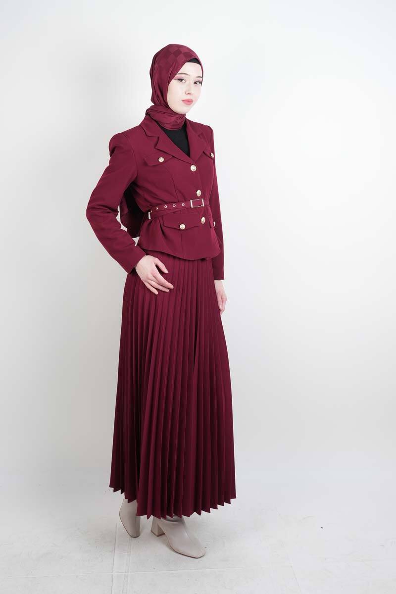 Tesettür Takım Piliseli Etekli Blazer İkili Takım Bordo - 2