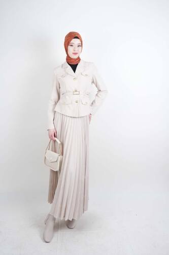 Tesettür Takım Piliseli Etekli Blazer İkili Takım Krem - 03Kız Kulesi Teks