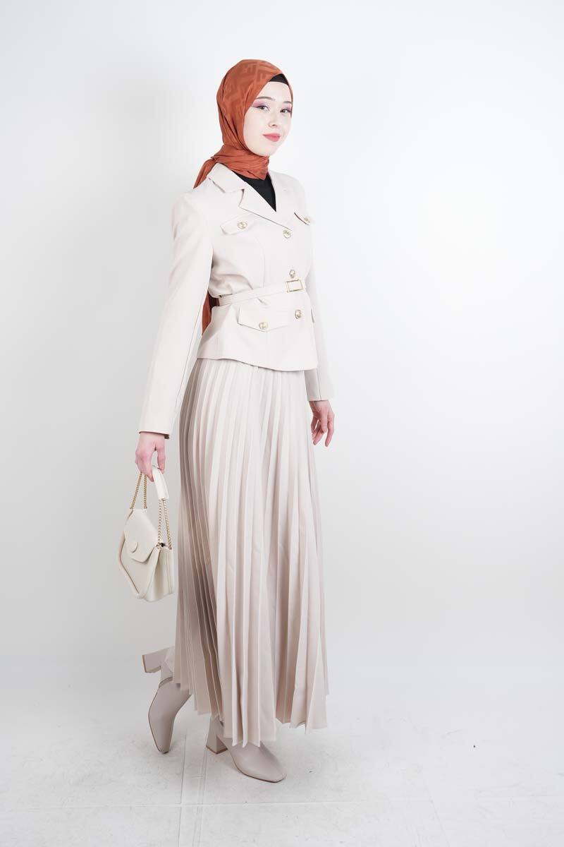 Tesettür Takım Piliseli Etekli Blazer İkili Takım Krem - 2