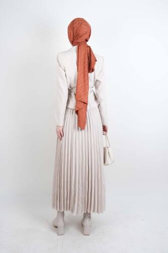 Tesettür Takım Piliseli Etekli Blazer İkili Takım Krem - 4