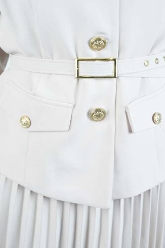 Tesettür Takım Piliseli Etekli Blazer İkili Takım Krem - 5