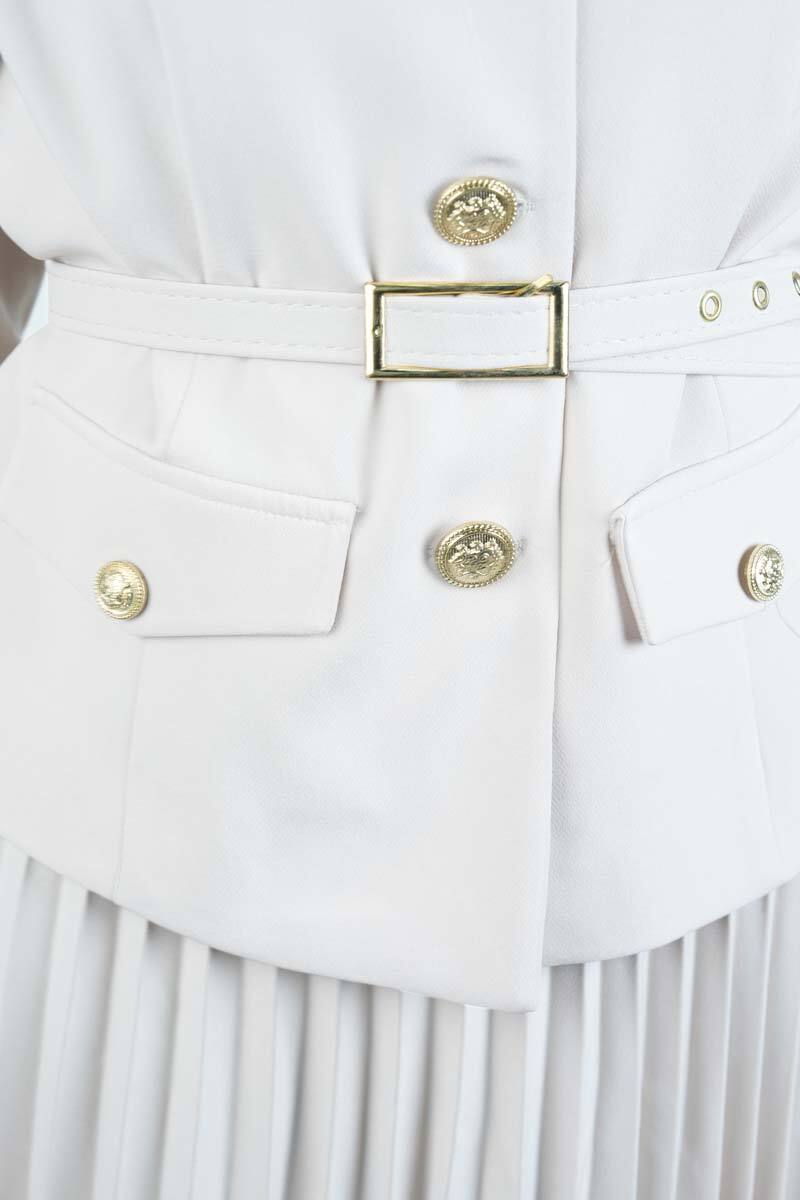 Tesettür Takım Piliseli Etekli Blazer İkili Takım Krem - 5