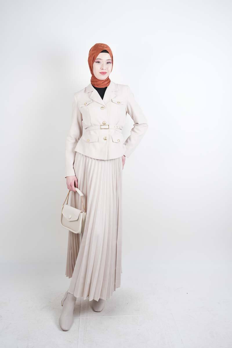 Tesettür Takım Piliseli Etekli Blazer İkili Takım Krem - 1