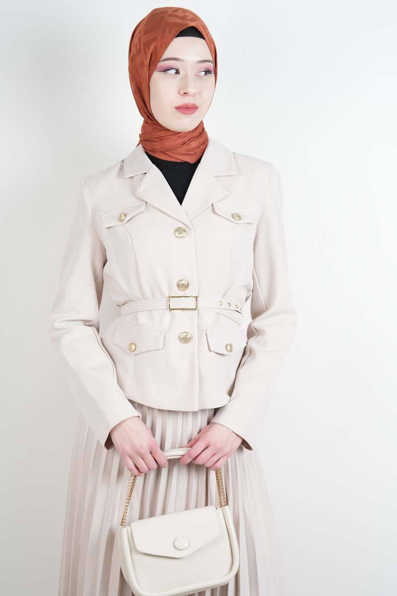 Tesettür Takım Piliseli Etekli Blazer İkili Takım Krem - 3