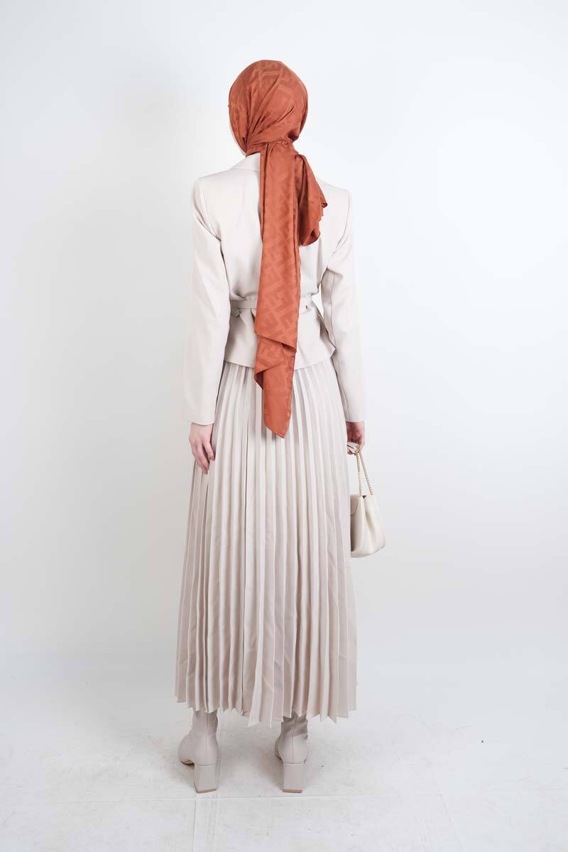 Tesettür Takım Piliseli Etekli Blazer İkili Takım Krem - 4