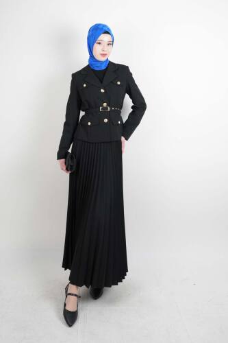Tesettür Takım Piliseli Etekli Blazer İkili Takım Siyah - 03Kız Kulesi Teks