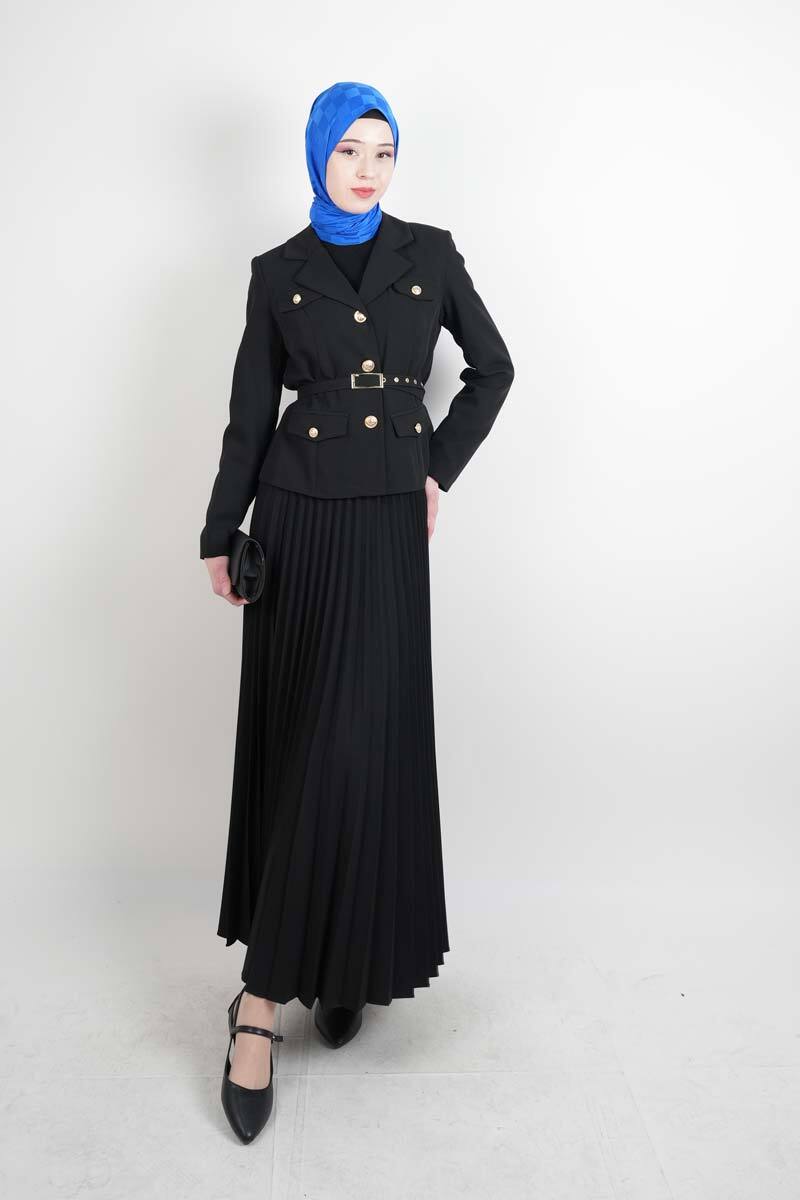 Tesettür Takım Piliseli Etekli Blazer İkili Takım Siyah - 1