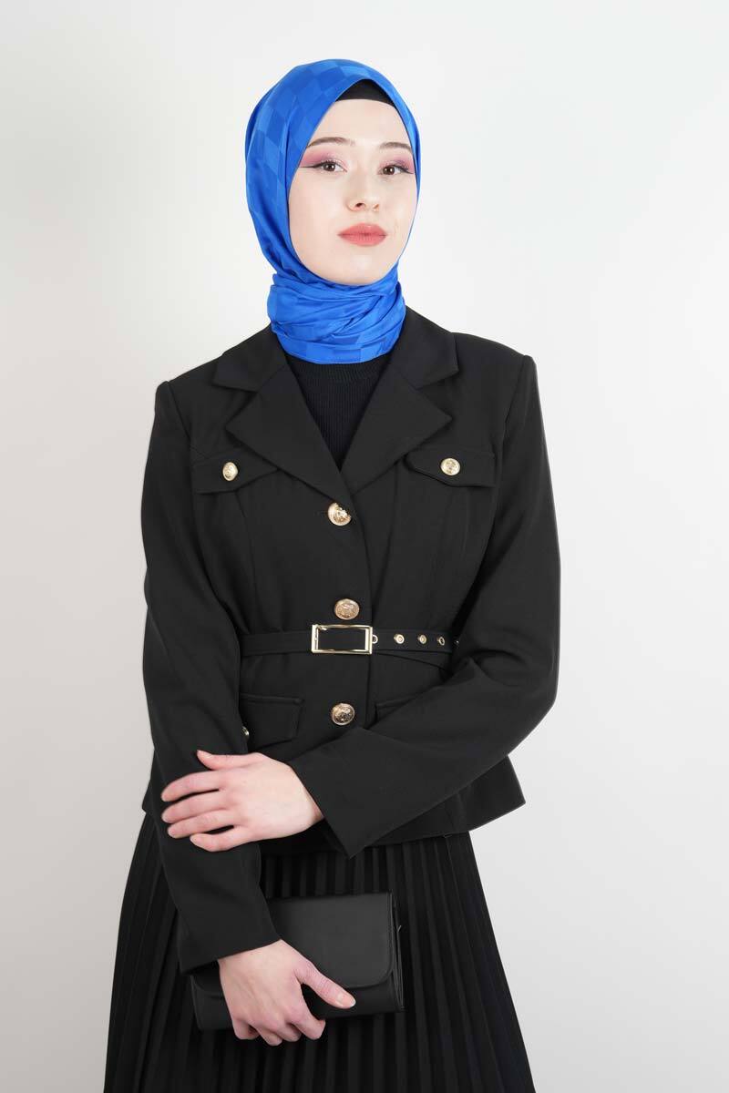 Tesettür Takım Piliseli Etekli Blazer İkili Takım Siyah - 3